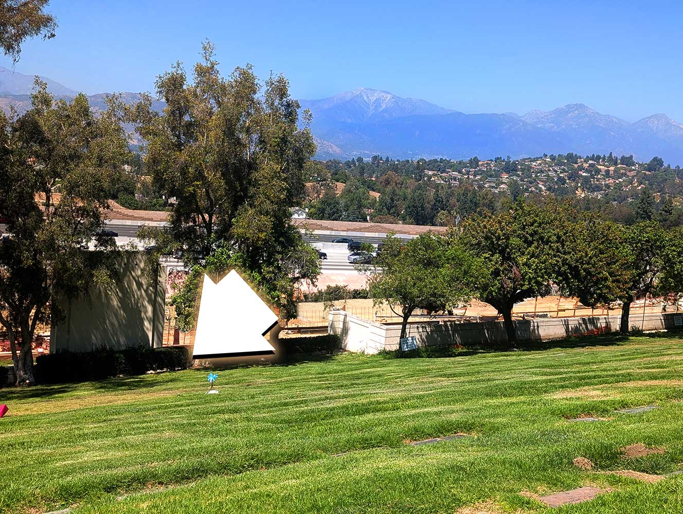 Hillside lawn with mountain views beyond the trees
